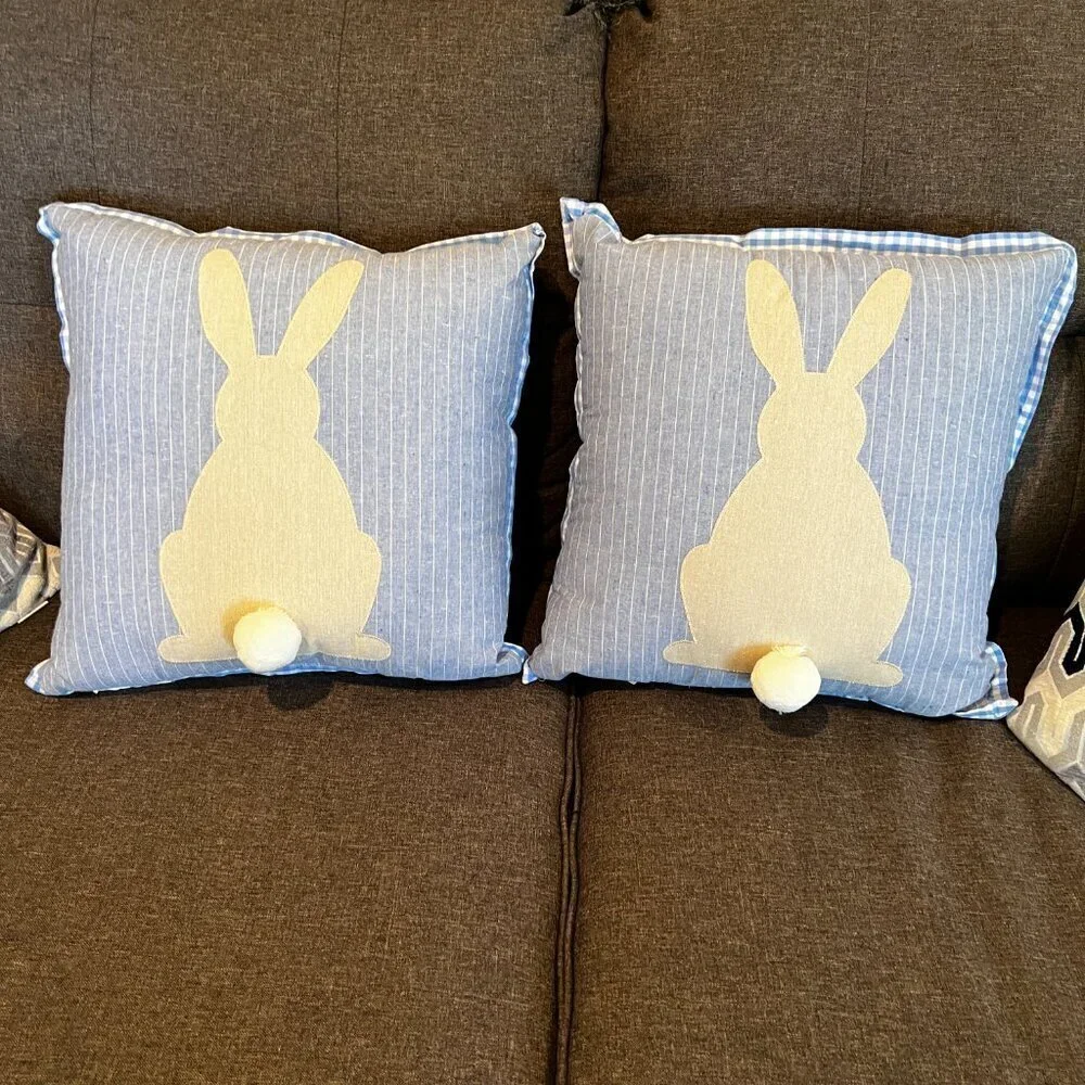 Set of Two 15” Square Bunny Rabbit Pillows Blue Gingham Print With Tails Country